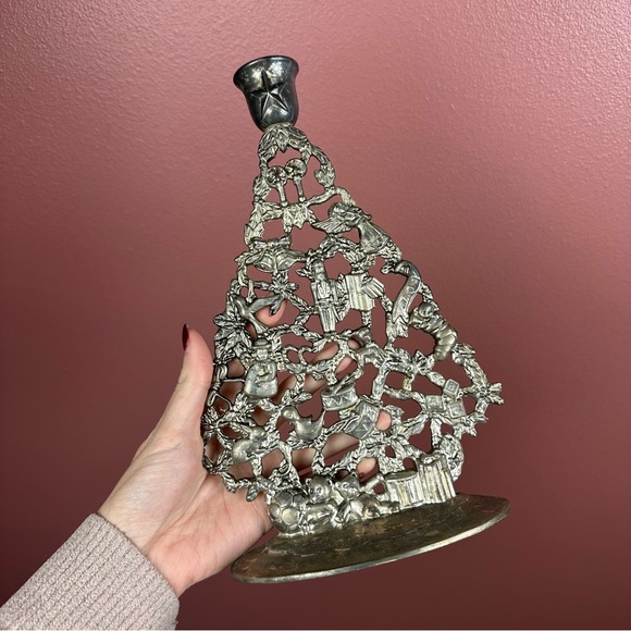 Vintage silver plate Christmas tree candle holder with ornament detail - Picture 1 of 9